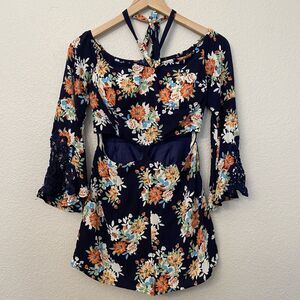 Dygarni Romper Womens Small Navy Floral Open Front Crochet Sleeve EUC